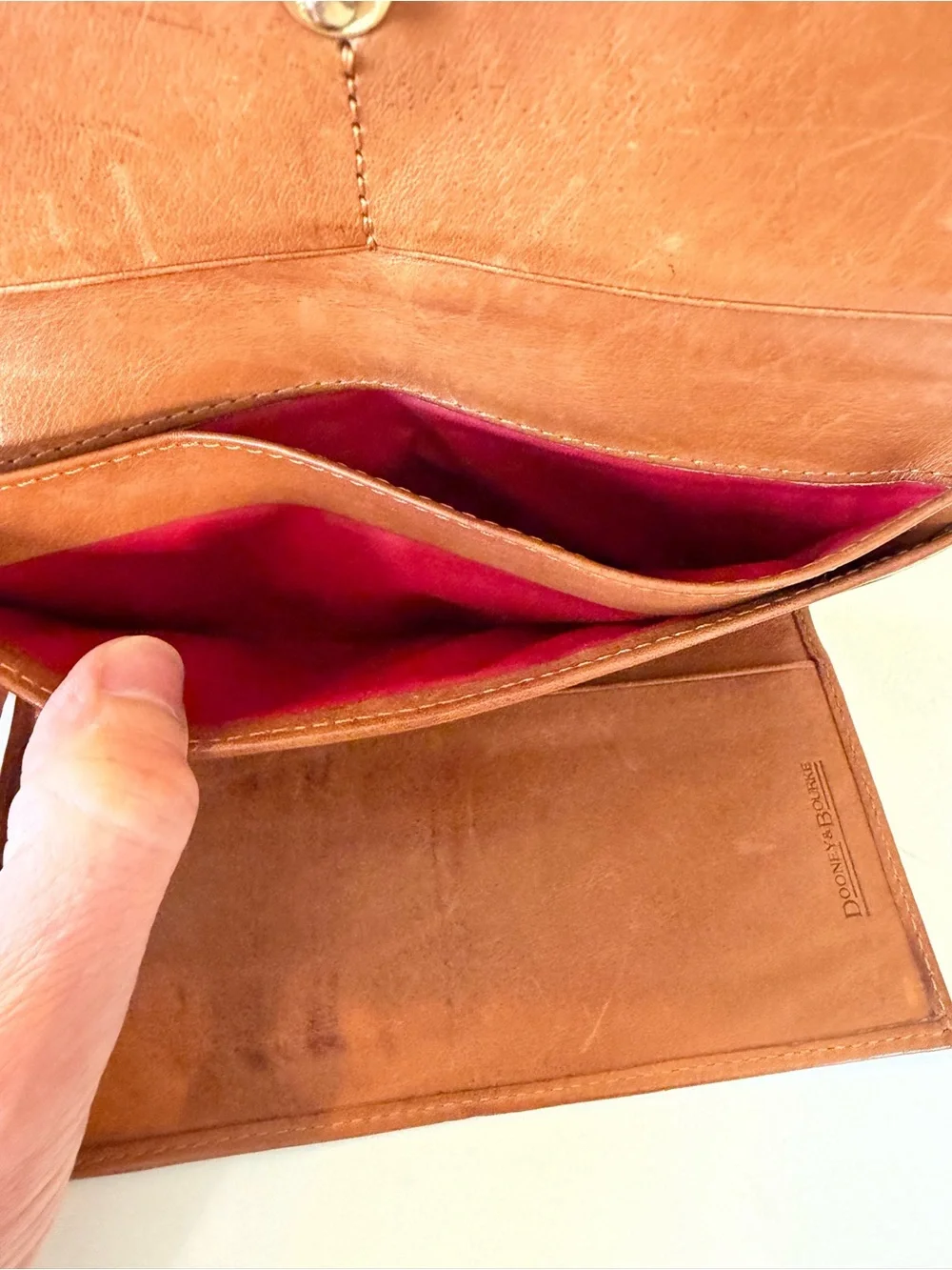 Dooney & Bourke Cognac Leather Tri Fold Wallet with Whipstitch Trim